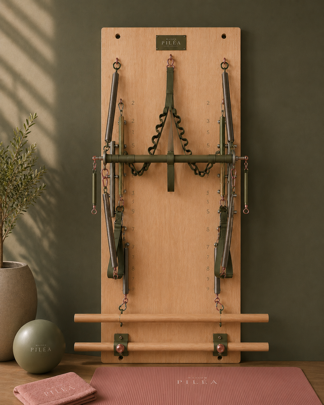 Le Mur — Wall Unit in situ mit Olivenzweig, Pilates-Ball, Le Drap und Matte